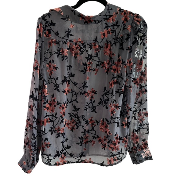 Gray Cherry Blossom Sheer Velvet Puff-Sleeve Button Down Blouse - Picture 4 of 6